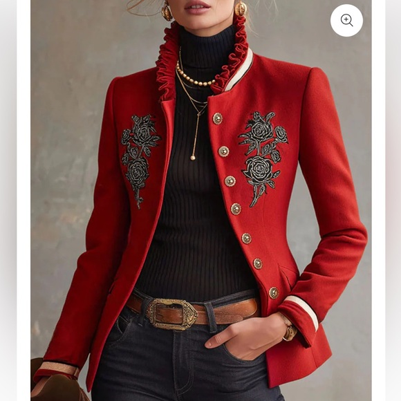 Ruffled Stand-up Collar Single-breasted Rose Embroidered Jacket - Picture 2 of 9